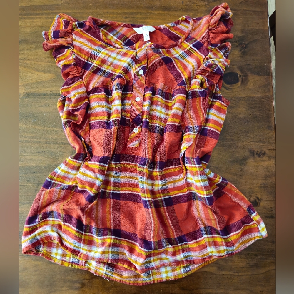 Orange Purple Yellow Plaid Ruffle Sleeve Top | Womens M | Summer, Cowgirl, Cute